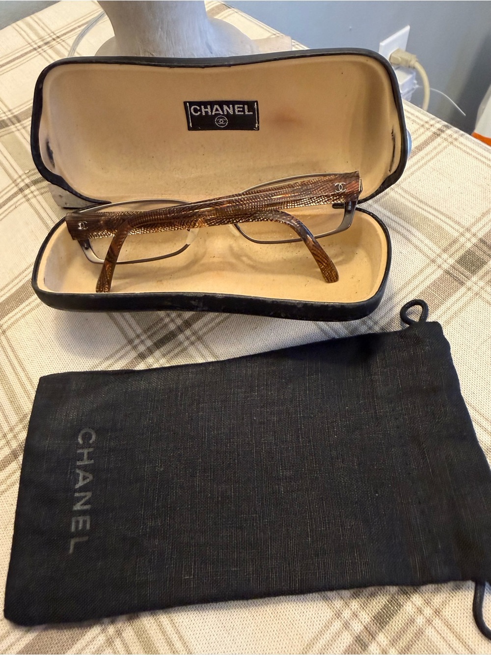 CHANEL Unisex Brown Tortoiseshell Rectangular Eyeglasses w Case Linen Bag